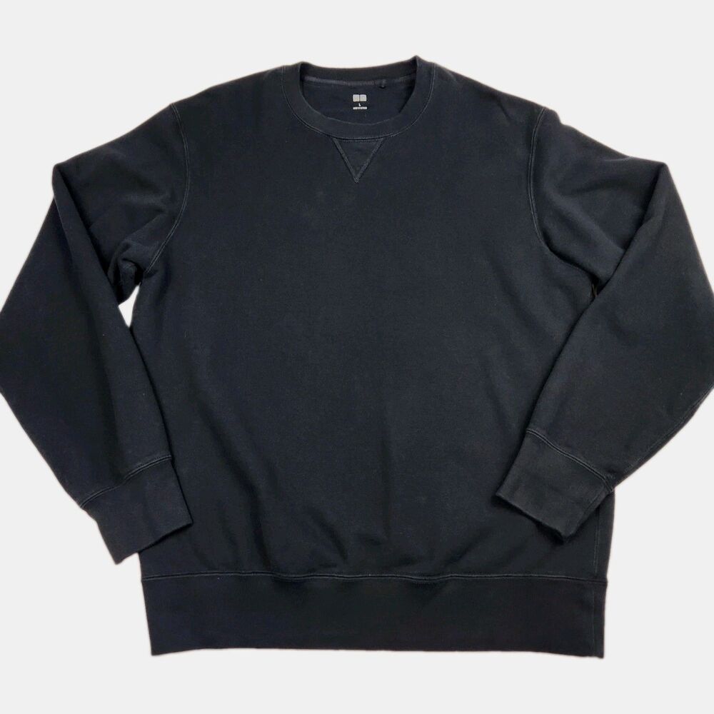 Uniqlo Crew Neck Sweatshirt Black Men L V-Stitch Ribbed Cuff & Hem Casual Lounge
